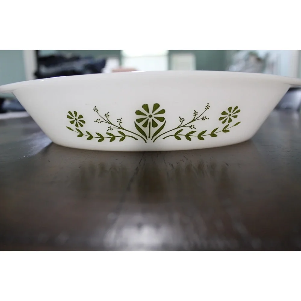 Glasbake J2352 MilkGlass Divided Serving Dish Green Floral Oval Bakeware Vintage
